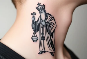 Russian orthodox priest in a detailed vestment swinging censer chains tattoo idea