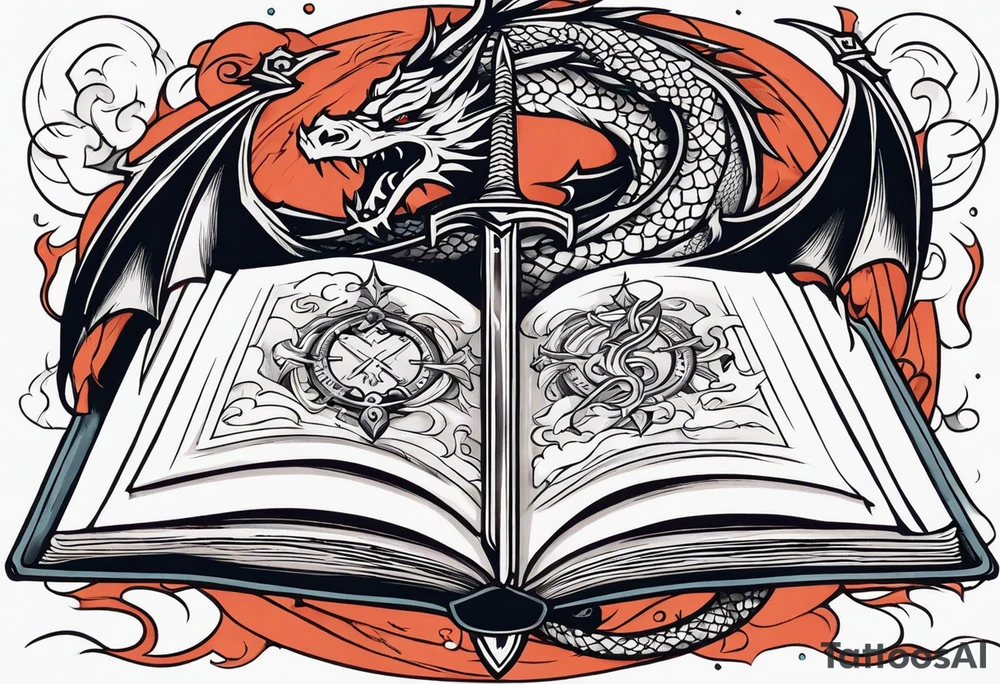 an open book with a sword through it, dragons and sparks surrounding the book tattoo idea