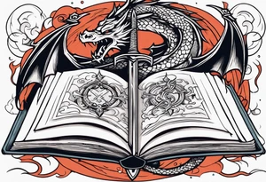 an open book with a sword through it, dragons and sparks surrounding the book tattoo idea