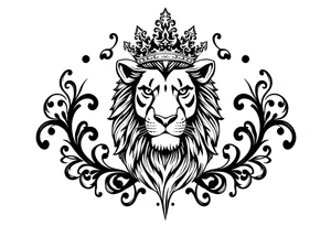 majestic lion wearing ornate crown, surrounded by baroque flourishes tattoo idea