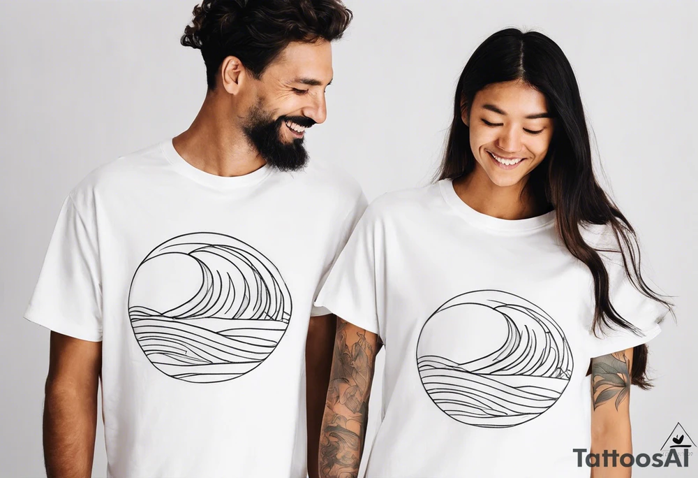 Single line tattoo depicting a father surfing with his two daughters tattoo idea