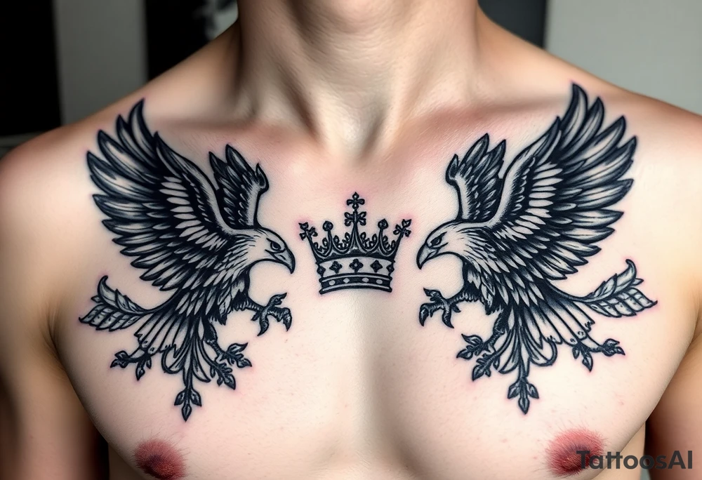 Chest tattoo,powerful two polish symetricals majestic darks eagles, surrounded by lure ornaments , between eagles a crown tattoo idea