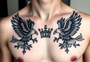 Chest tattoo,powerful two polish symetricals majestic darks eagles, surrounded by lure ornaments , between eagles a crown tattoo idea