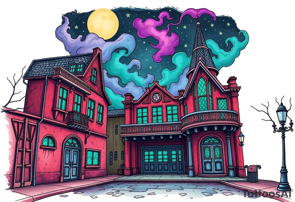 Tim Burton’s old victorian theatre from outside view is the street abandoned and dripping with muted reds, dusty pinks, and eerie green glow purple and cyan smokey clouds swirl and dance in the moonlit night sky filled with twinkling stars  tattoo idea tattoo idea