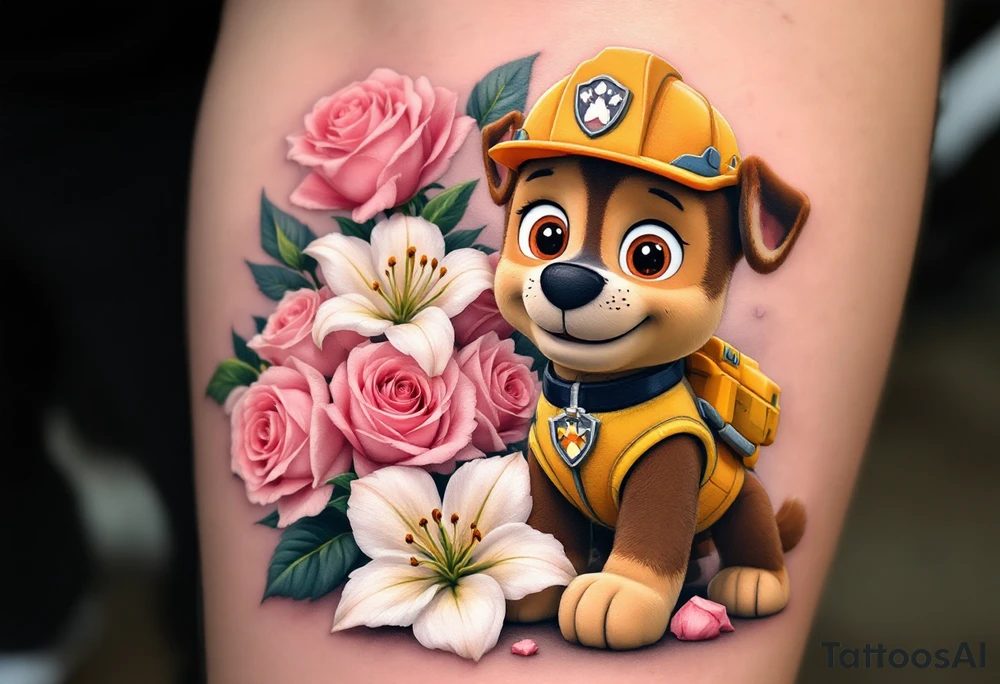 Rubble from Paw Patrol with a construction helmet, standing next to a pile of pink roses and white lilies, symbolizing building a strong foundation in love. The flowers have soft shades of pink and white with golden highlights. tattoo idea