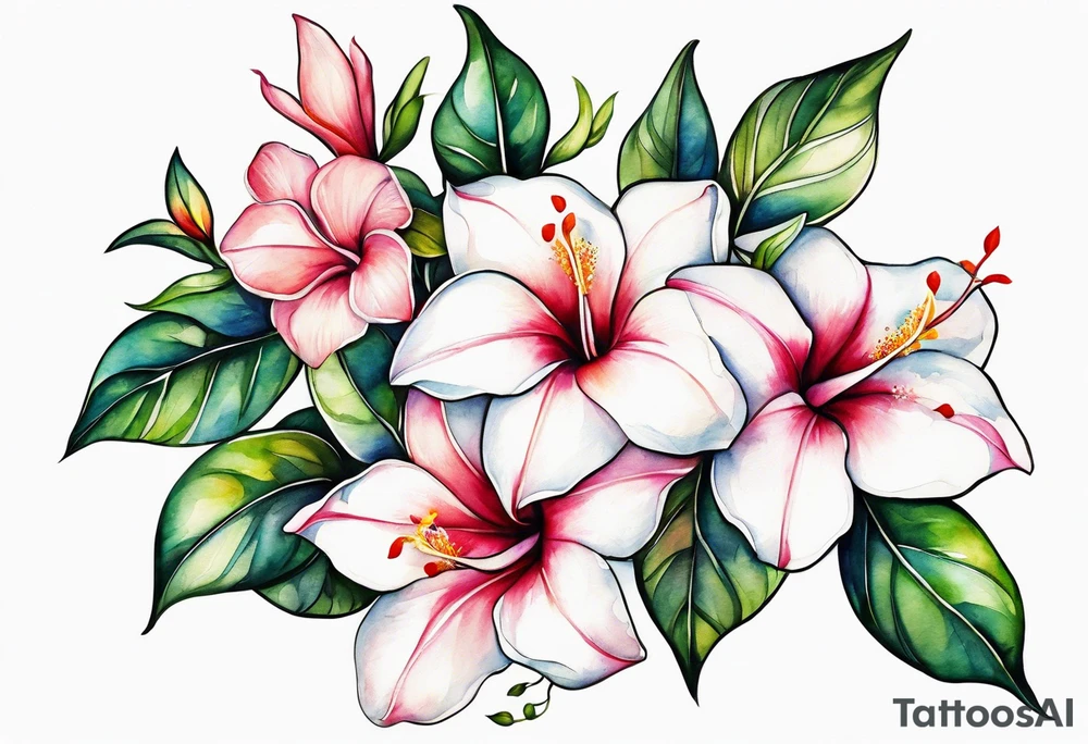 white background, abstract mandevilla flowers on a vine, part of it watercolor, part of it just line work tattoo idea