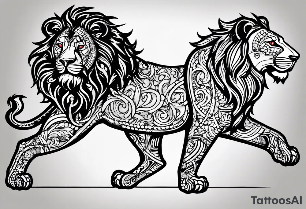 tattoo design should be in the layout of the famouse picture"small princ"  where it should remind me that I survived,and my life was saved by my husband, and he should be represented in the tattoo as a young lion holding a  balloon which is red and in Hearth shape. The whole body of lion should be visible and more abstract not so realistic.The lion is holding the string of the baloon in the muzzle. The string from the balloon should have a heartbeat pulse.The baloon should be red colored, and the rest of the image should be black only. tattoo idea