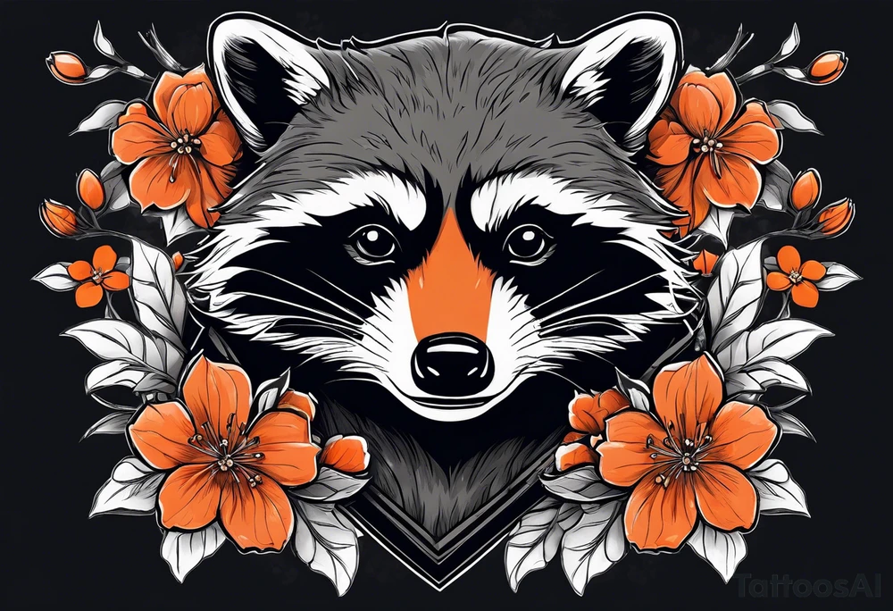 Raccoon wearing a white Superman logo on a black hoodie and orange Japanese cherry blossoms beside tattoo idea