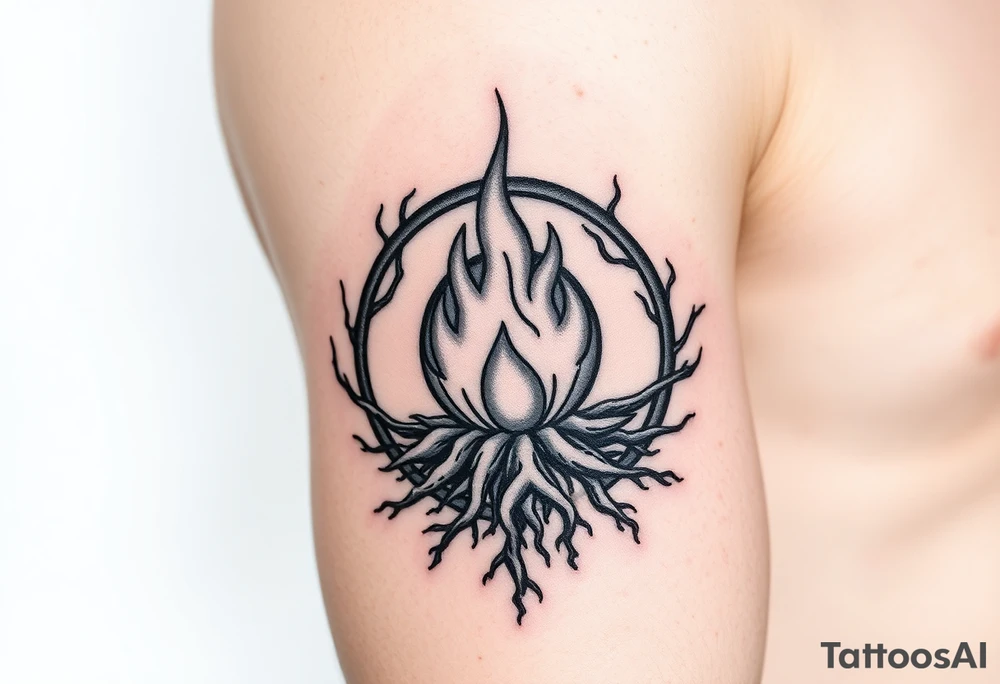 a round flame imprisoned in a roots circle tattoo idea
