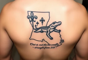 Louisiana state outline with fleur-de-lis, a bayou with a gator , the 318 area code and and quote that says  Out the dirt, out the water, straight from 318 tattoo idea