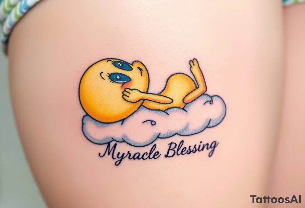 Tweety Bird laying on a cloud with his hands holding up his chin as he's looking up at the sky. Under the cloud in small capital letters is the name Myracle Blessing tattoo idea