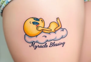 Tweety Bird laying on a cloud with his hands holding up his chin as he's looking up at the sky. Under the cloud in small capital letters is the name Myracle Blessing tattoo idea