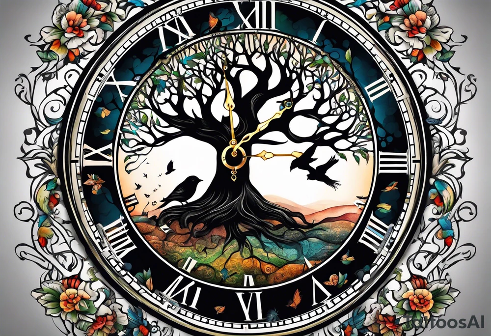 Masculine tree of life with birds, clock and birthdates tattoo idea