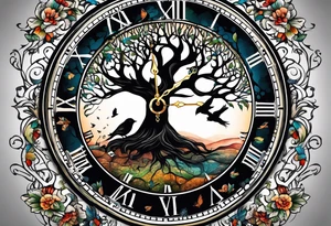 Masculine tree of life with birds, clock and birthdates tattoo idea