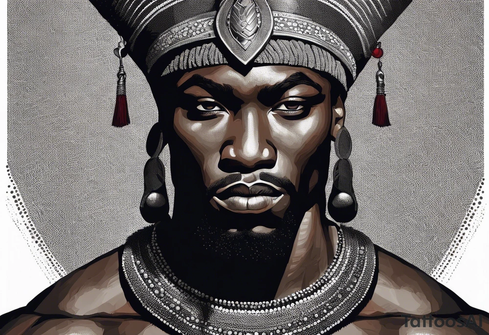 African black-skinned warrior. He is a god of war. He wears a small silver crown and a simple red necklace tattoo idea