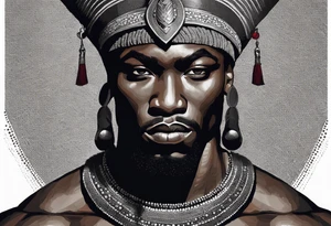 African black-skinned warrior. He is a god of war. He wears a small silver crown and a simple red necklace tattoo idea