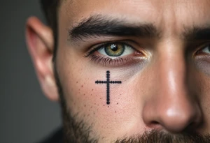 A simple dot-style cross binked in deep black under the other eye on man face under a man’s right eye. tattoo idea
