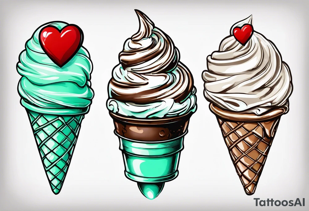 mint chocolate chip ice cream cone with small red heart on it somewhere. tattoo idea