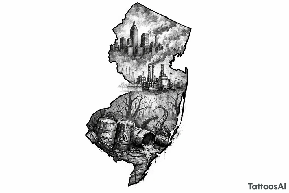 Outline of the shape of New Jersey with a dirty city skyline in the north fading in smog filled refineries in the northern part of central Jersey going into a toxic waste forest with a few tentacles and hazardous waste barrels tattoo idea