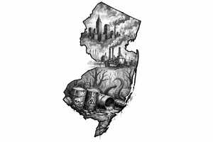 Outline of the shape of New Jersey with a dirty city skyline in the north fading in smog filled refineries in the northern part of central Jersey going into a toxic waste forest with a few tentacles and hazardous waste barrels tattoo idea