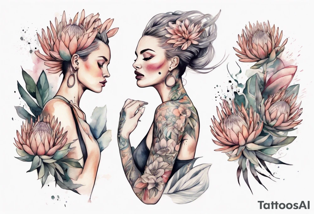 Very feminine tattoo with a woman dancing in a wind of protea flowers tattoo idea