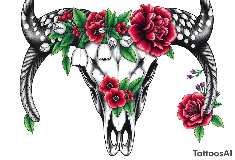 Buffalo or bison skull with flowers. Snow drop and red peony. Green holly with red berries, purple larkspur, red peony.  Colour. For upper arm or shoulder. Masculin. tattoo idea