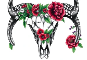 Buffalo or bison skull with flowers. Snow drop and red peony. Green holly with red berries, purple larkspur, red peony.  Colour. For upper arm or shoulder. Masculin. tattoo idea