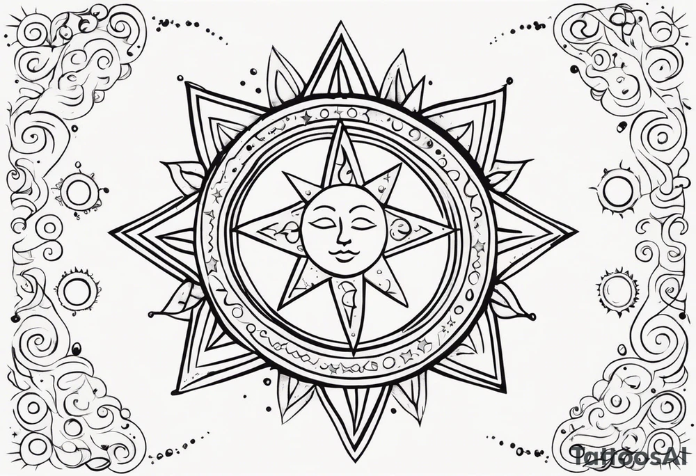 mexican sun stars and moon. Mirrored with swirls and dots and stars tattoo idea