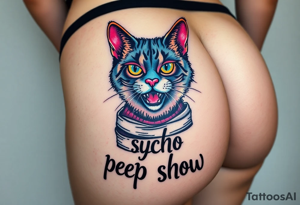 Design a tattoo of a high-quality full color illustration in a surrealism style. The main element should be a cat wearing a straightjacket and displaying a wild, crazy expression on its face.   the words "psycho peep show" should be present in the design in a stylish tattoo style font , very detailed, very colorful and  vivid , highest quality tattoo . it  is placed on the buttock  of a young woman with a perfectly shaped firm butt, tattoo idea