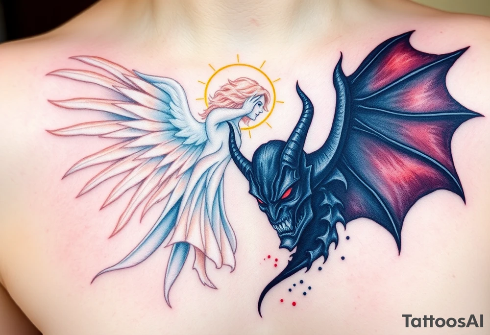 A radiant angel, with soft white wings and a glowing halo, surrounded by light, juxtaposed against a dark demon, with jagged black wings and fiery red eyes, symbolizing the ultimate conflict between good and evil. tattoo idea
