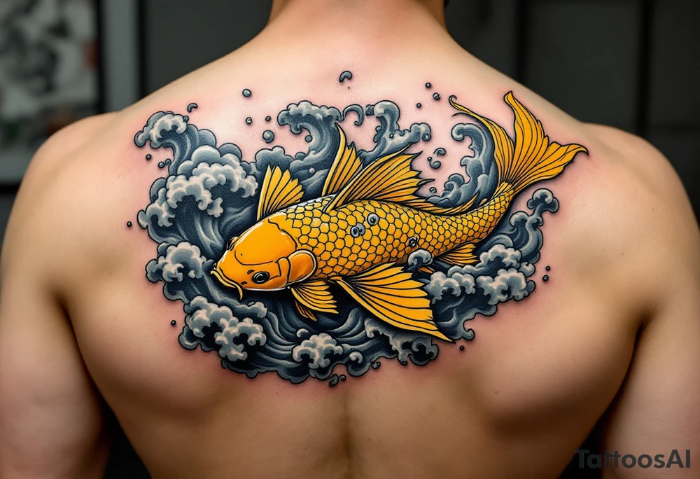 Yellow Koi with Wind Bars and Smoke – A bright yellow koi swimming through stylized Japanese wind bars and curling gray smoke, conveying motion and mystique. tattoo idea