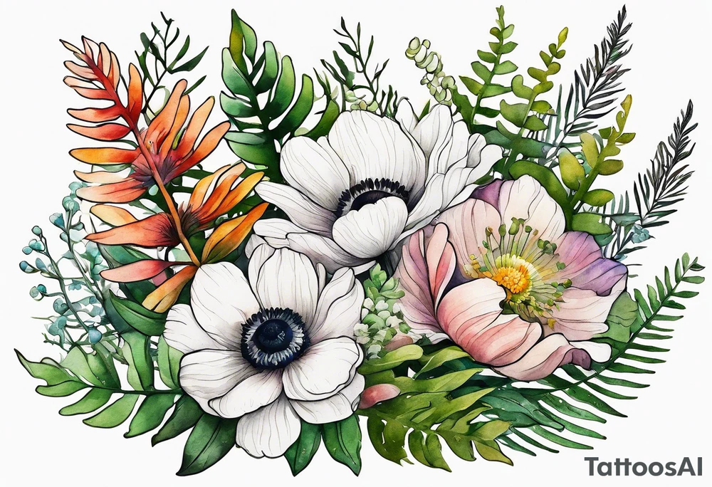 Minimalist Multicolored wild flowers bouquet with ferns and white anemone all watercolor tattoo idea