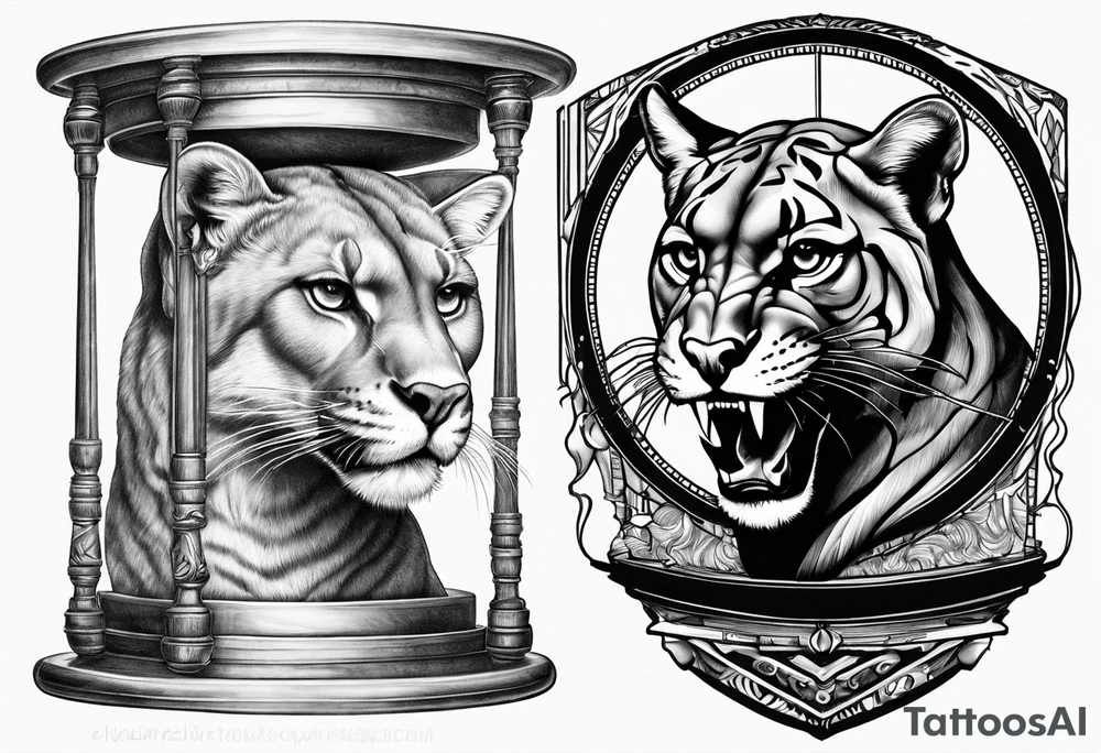 Brain in sagittal section and angry cougar inside hourglass tattoo idea Brain in sagittal section and angry cougar inside hourglass tattoo idea