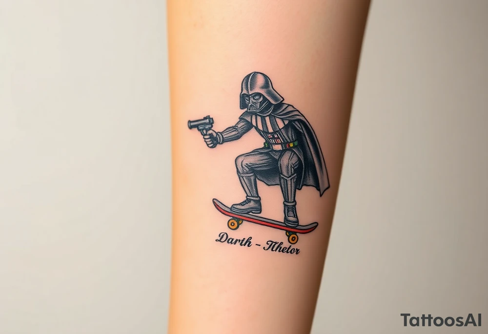 Darth Vader skateboarding with gun> bullets > memorial > god > colors > futuristic/space/star wars
add name "Darth Carter" on skateboard
add date 12/29/88-01/06/24 tattoo idea