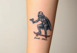 Darth Vader skateboarding with gun> bullets > memorial > god > colors > futuristic/space/star wars
add name "Darth Carter" on skateboard
add date 12/29/88-01/06/24 tattoo idea