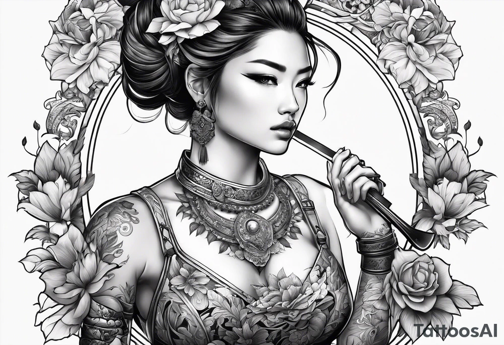 ornate beautiful woman warrior with weapon & floral surrounding tattoo tattoo idea