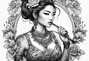 ornate beautiful woman warrior with weapon & floral surrounding tattoo tattoo idea