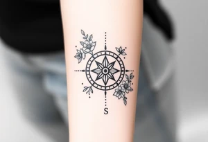 Compass with cursive letters with dot work flowers flowing above and below the compass tattoo idea