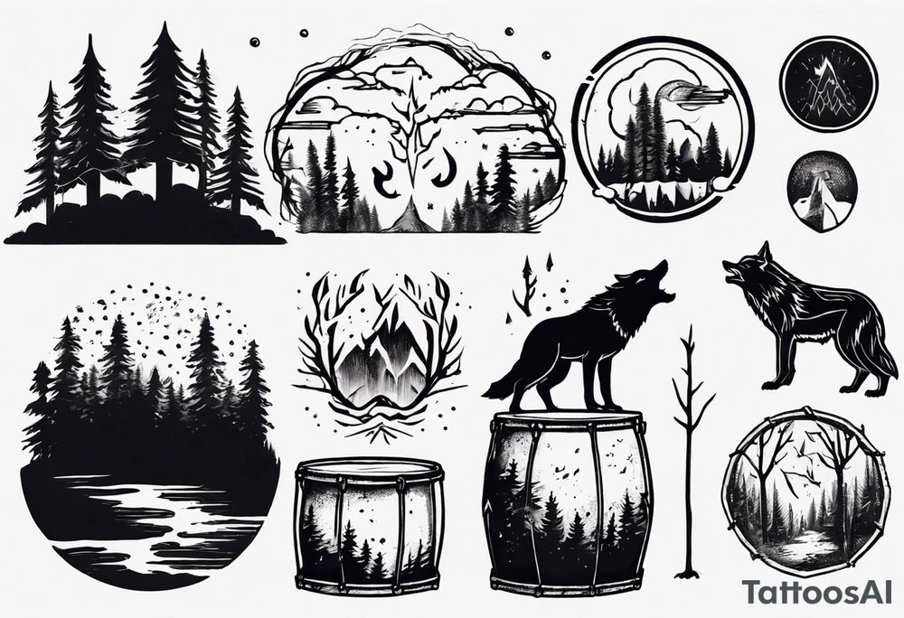 thunderstorm over a forest with a wolf howling on drums tattoo idea thunderstorm over a forest with a wolf howling on drums tattoo idea