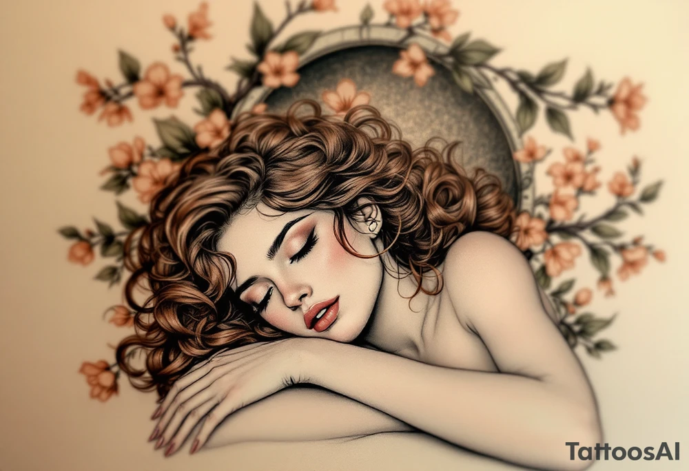 Alfons Mucha’s romantic portrait of a woman with chestnut curls, resting beneath an arched frame of bronze and peach blossoms. tattoo idea