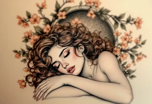 Alfons Mucha’s romantic portrait of a woman with chestnut curls, resting beneath an arched frame of bronze and peach blossoms. tattoo idea