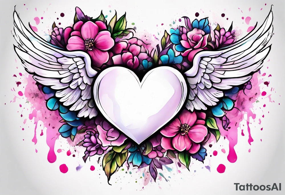 Flowers around a heart with angel wings with pink splatter water color background tattoo idea