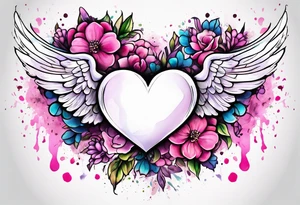 Flowers around a heart with angel wings with pink splatter water color background tattoo idea