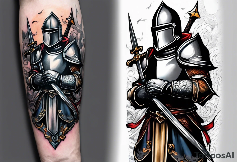 knight holding a bible over his head in combat with both hands tattoo idea