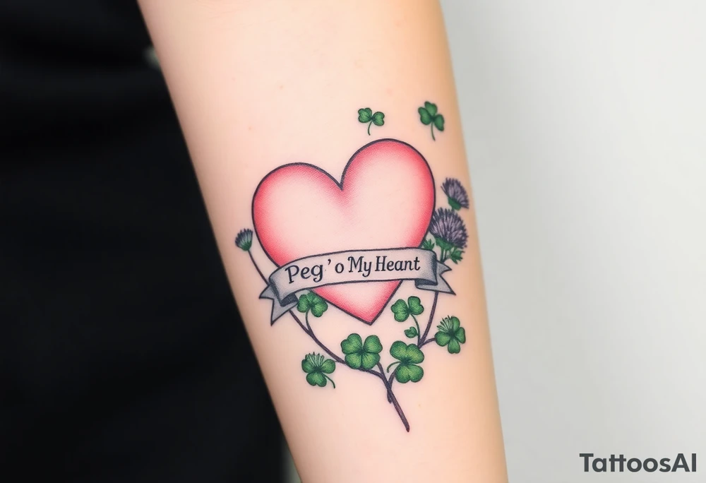a big pale pink heart in a huge patch of green shamrocks, and a few purple thistles with a banner across the heart that says Peg 'o My Heart tattoo idea