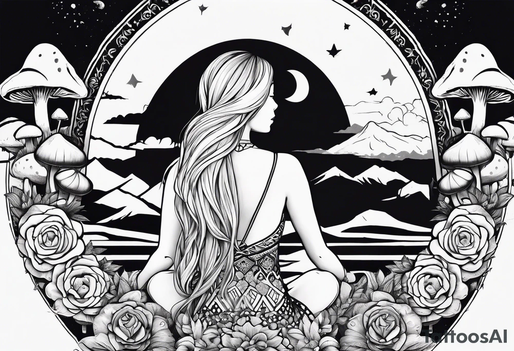 Straight blonde hair girl meditating facing away toward mountains surrounded by mushrooms crescent moon mandala circular design black and white striped dress tattoo idea