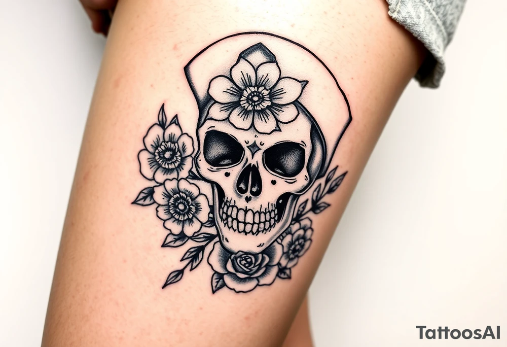 Nurse skull face with flower’s and honey combs background tattoo idea