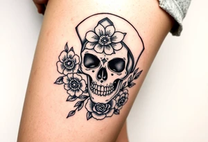 Nurse skull face with flower’s and honey combs background tattoo idea