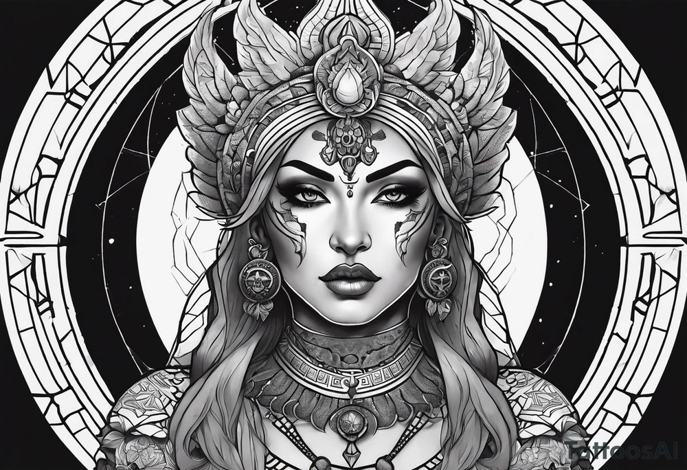 kali ma, alien goddess, valkrye, aries, pirate, divine feminine, zenza resonance, pachamama, lotus azul, blank panther, eagle, skull, 5D, nueva gaya, dna 12, left side chest tatoo tattoo idea