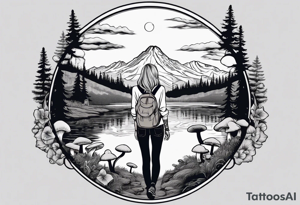 Whole picture encircled fully

Straight long blonde hair hippie girl in distance holding mushrooms in hand facing away toward mountains and creek surrounded by mushrooms long sleeve shirt and hiking pants; whole rendering within a full circle, no cut off circle tattoo idea